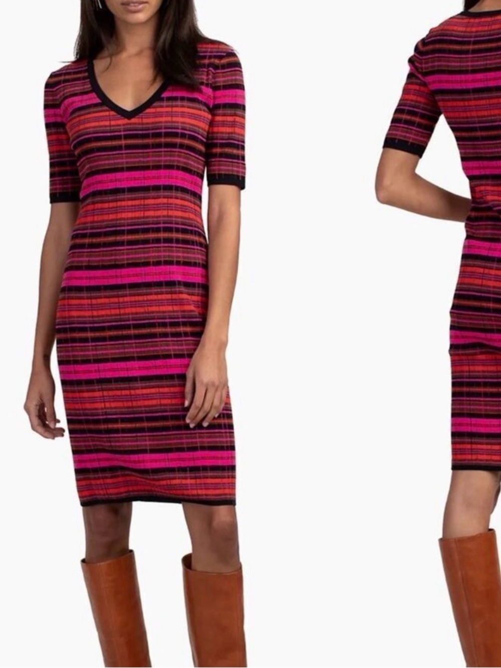 Trina Turk Striped V-Neck Midi Dress in Pink and Red